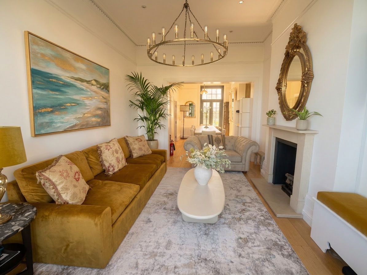 Hastings House lounge with gold sofa, chandelier and sea painting