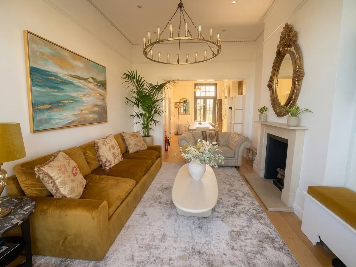 Hastings House lounge with gold sofa, chandelier and sea painting