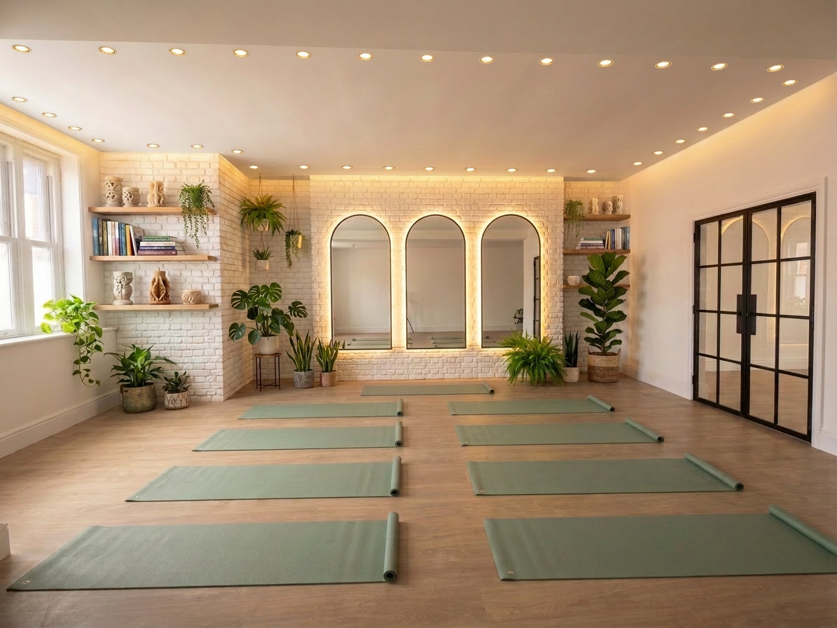 Zanzibar House basement yoga studio with mats and plants