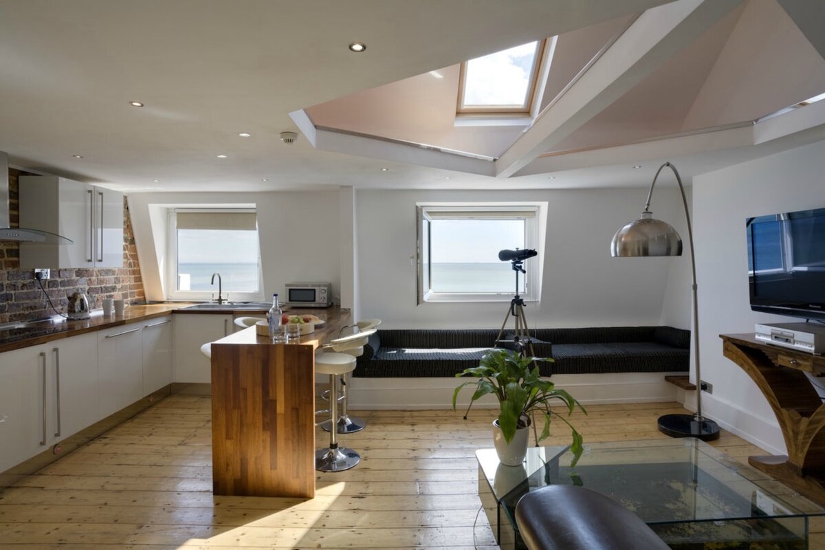 Manhattan penthouse kitchen and living area with sea view skylights