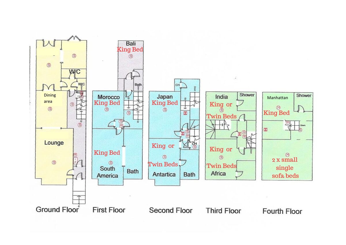 Zanzibar House floor plan — all five floors showing bedroom layouts