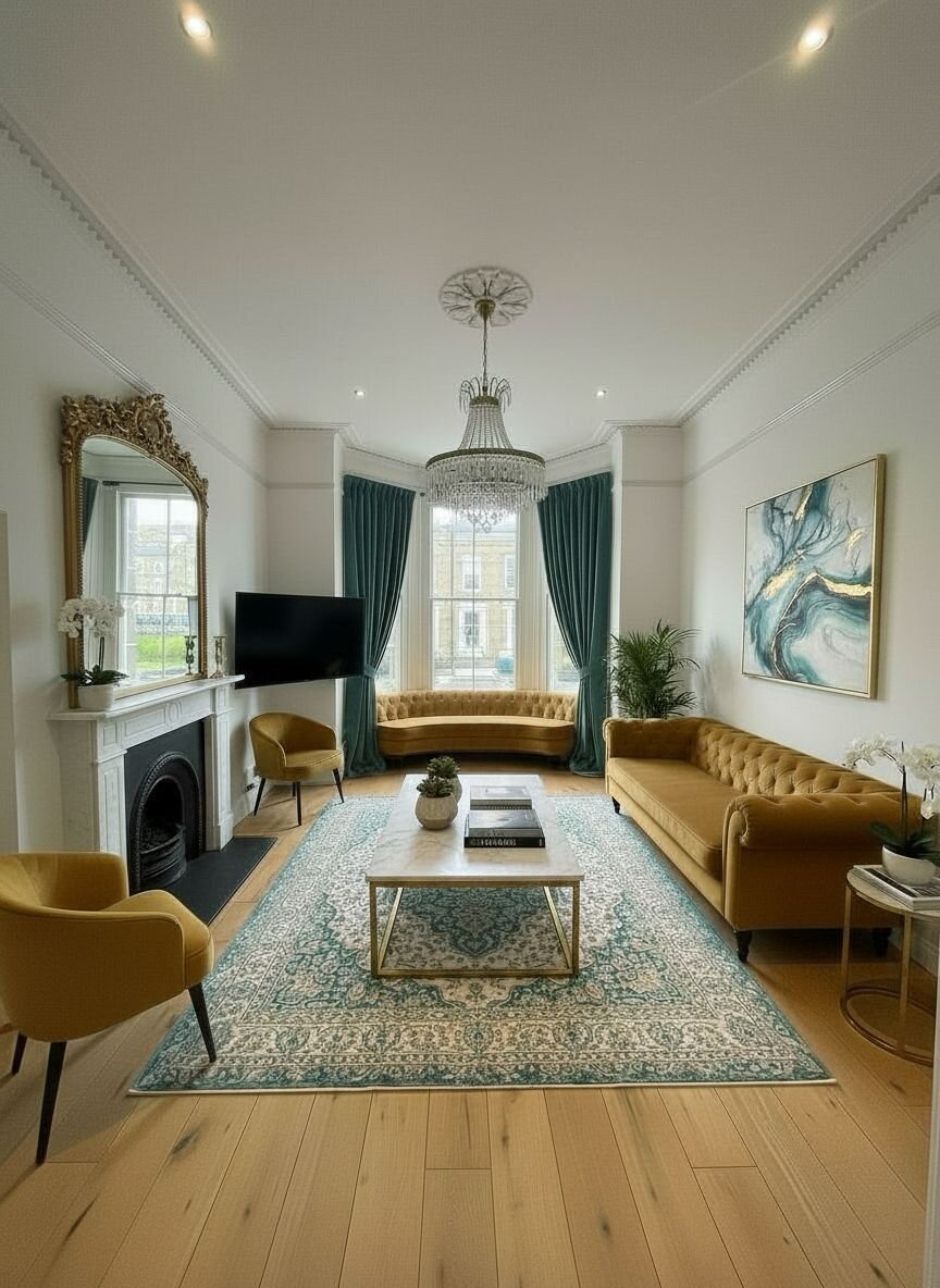 Hastings House lounge with velvet sofas, crystal chandelier and bay window